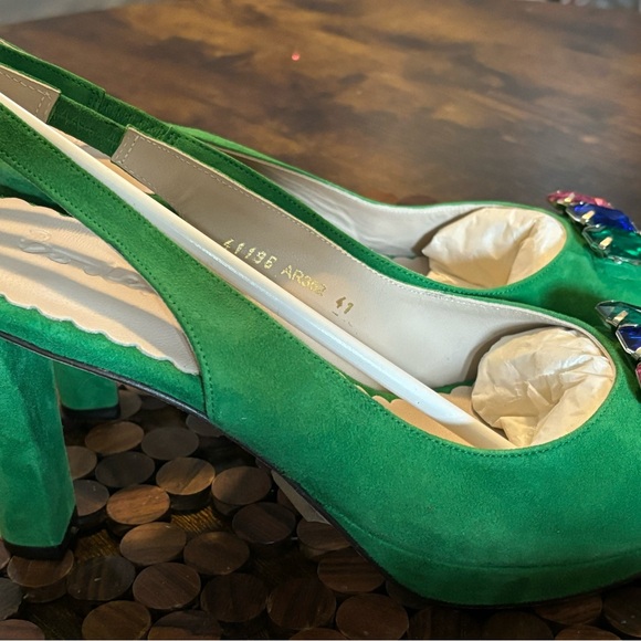 Boden Green Suede Slingback Heels with Multicolor Gem Accents - Picture 5 of 13
